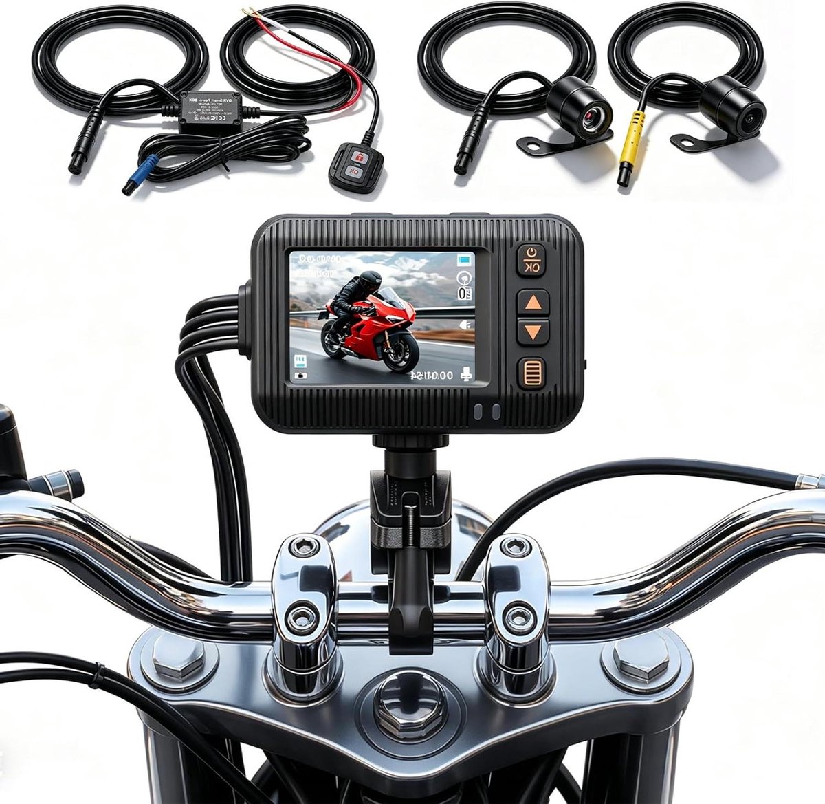 Motor Dashcam - Dubbele Lens Camera - Veilig Rijden Vastleggen - IP67 Waterdicht HDR - 2 Inch Scherm - Zwart