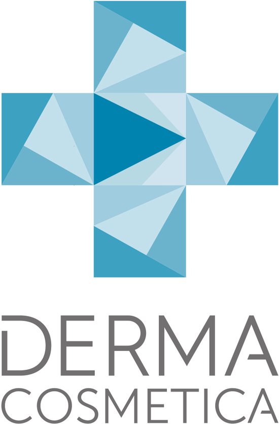Een blauw geometrisch kruis logo met de tekst 'DERMA COSMETICA'.