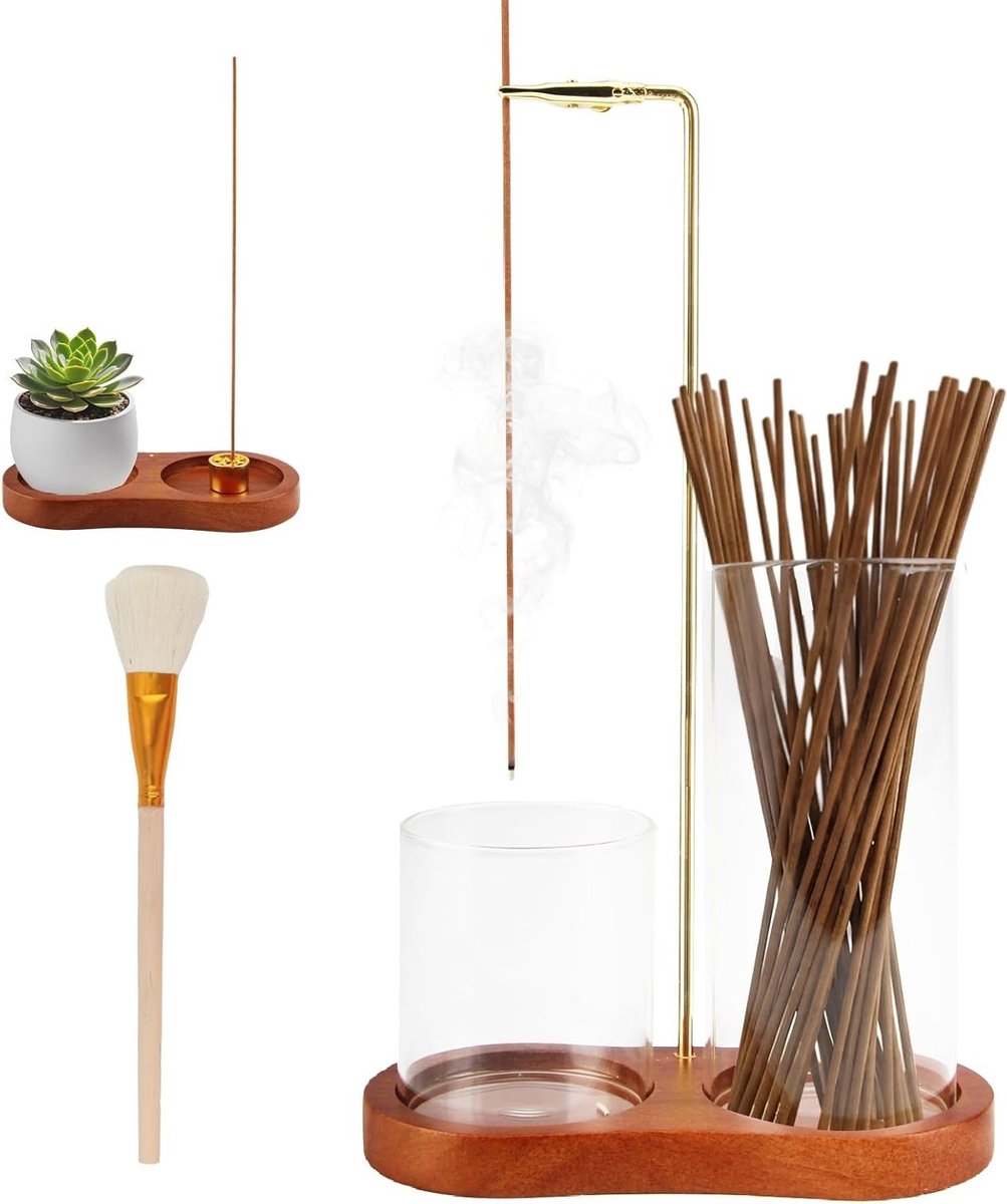 Wierookstokjeshouder met omgedraaide houten basis en afneembaar glas voor zen, yoga en meditatie, perfect voor thuiskantoor en decoratie