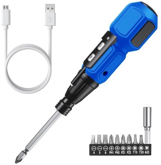 Draadloze schroevendraaier elektrisch 2-in-1 2-10 Nm met LED, oplaadbaar, 9 bits, blauw