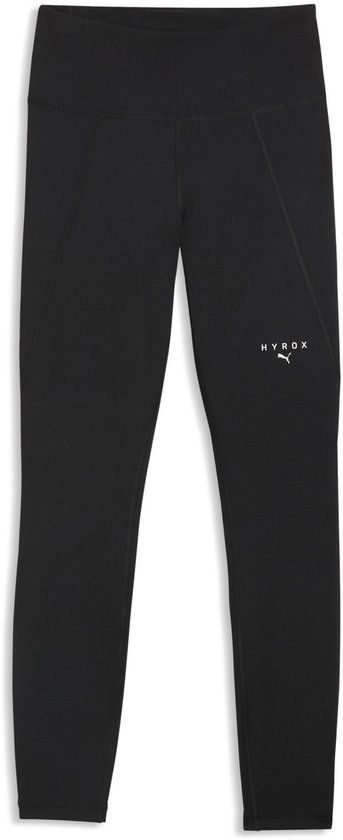 Zwarte PUMA x HYROX sportlegging met wit logo op de linkerheup.