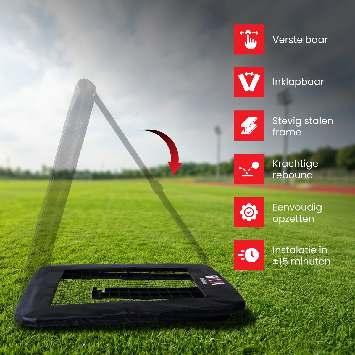 HitIt SPORTS® Rebounder Voetbal 100x100 cm – Sport Volleybal Korfbal Trampoline – Verstelbaar Trainingsmateriaal – Bouncer Inklapbaar – Voetbal spullen — afbeelding 2