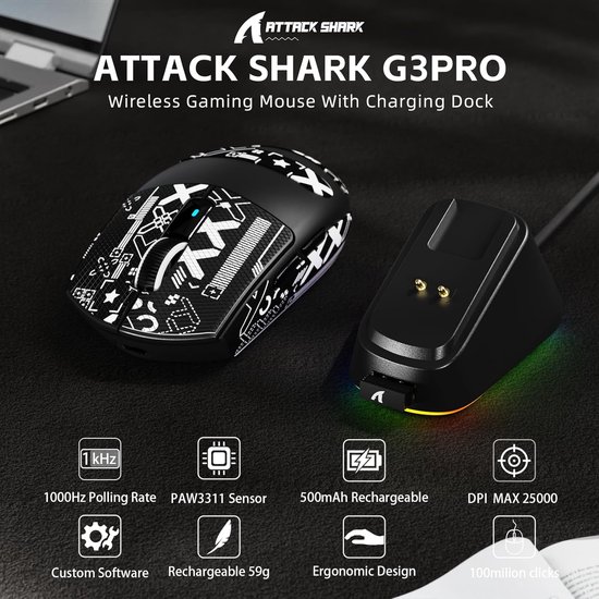 Draadloze Gamingmuis - PC Muis Gamer Muis - Gaming Prestaties - PixArt PAW3311 Sensor - 62 gram - Zwart & Tape — afbeelding 5