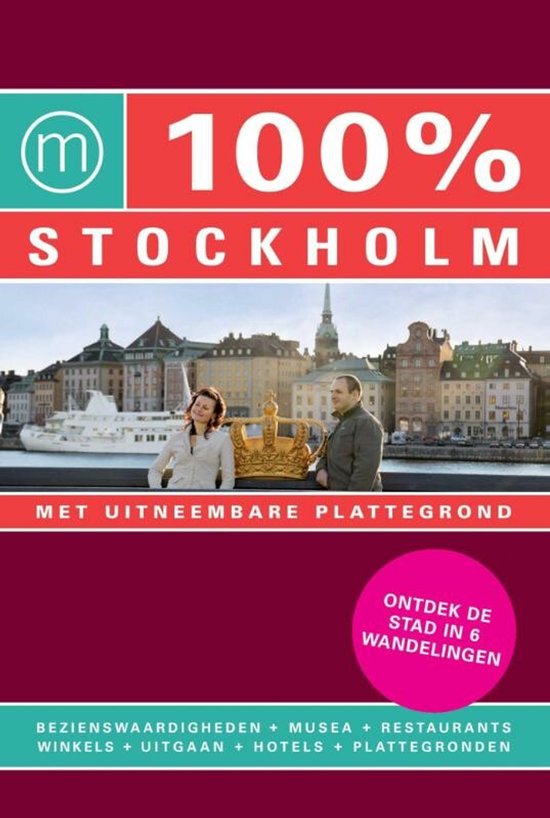 Boek "100% Stockholm" met op de voorkant een kroon en een stel bij het water.
