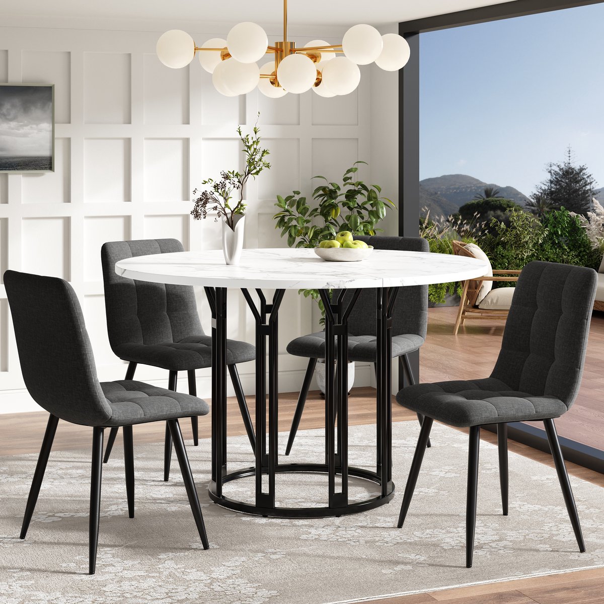 HAUSS SPOLE Eettafel - Ronde Tafel met Marmereffect - Verstelbare Voeten en 40kg Draagkracht - MDF/Metaal - Ø100x74 cm - Zwart - voor Keuken en Eetkamer