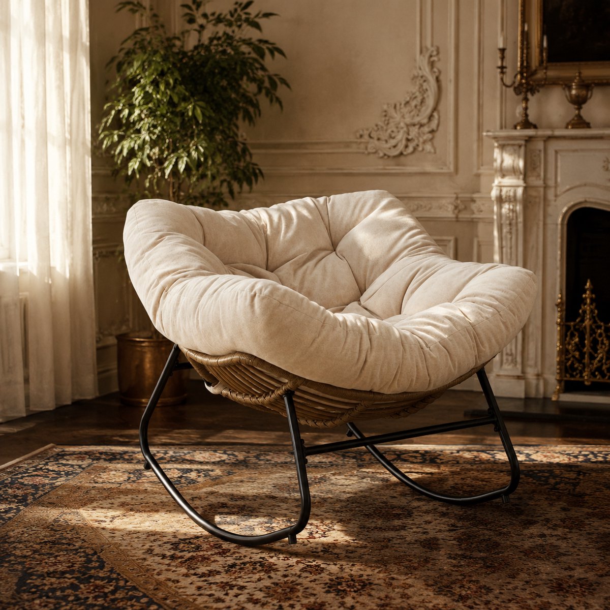 Schommelstoel - Ergonomische Papasan stoel - Relaxstoel - Chenille stof - Fauteuil - Loungestoel - Rotan Relaxstoel - Beige