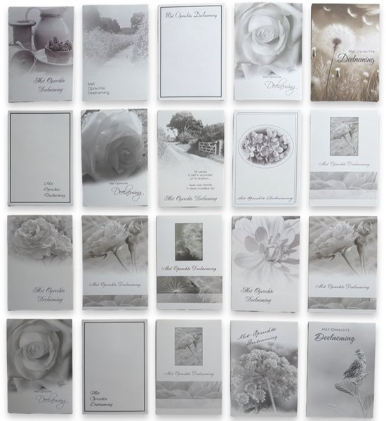 Cards & Crafts 20 Luxe Condoleance wenskaarten Zwart / Wit Set - Oprechte Deelneming - 17x12cm - Gevouwen kaart met envelop