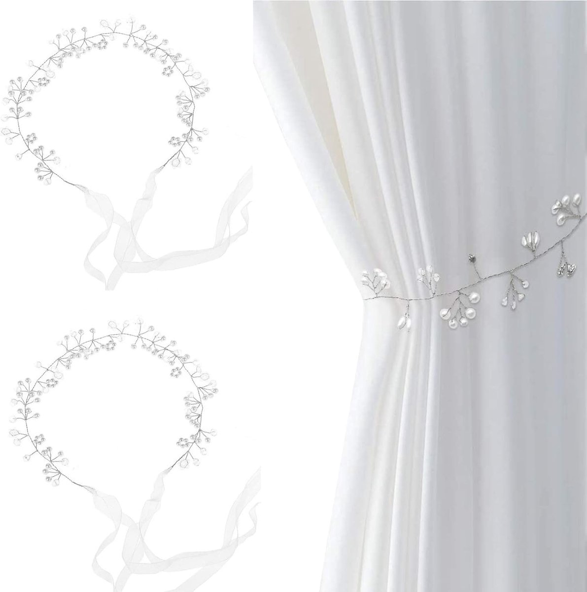 Gordijn Tiebacks - Gordijn Hangers - Kamer Decoratie - Elegant Pareldesign - 2 Stuks - Zilver