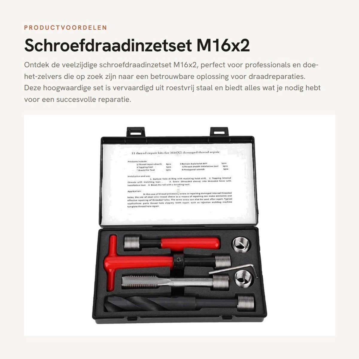 Dailygoods- Schroefdraadinzetset M16x2 - Roestvrij Stalen Draadreparatieset - Inzetstukken met Schroefdraad - Gedraaide Boor - Professioneel Gereedschap - Hoogwaardige Kwaliteit