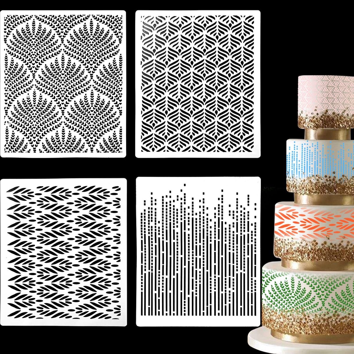 Dailygoods- Bloemen Sjablonen Herbruikbaar - Taartversiering - Taartdecoratie Set - Multifunctioneel Bakgereedschap - 4 Verschillende Patronen - 25 x 20,5 cm