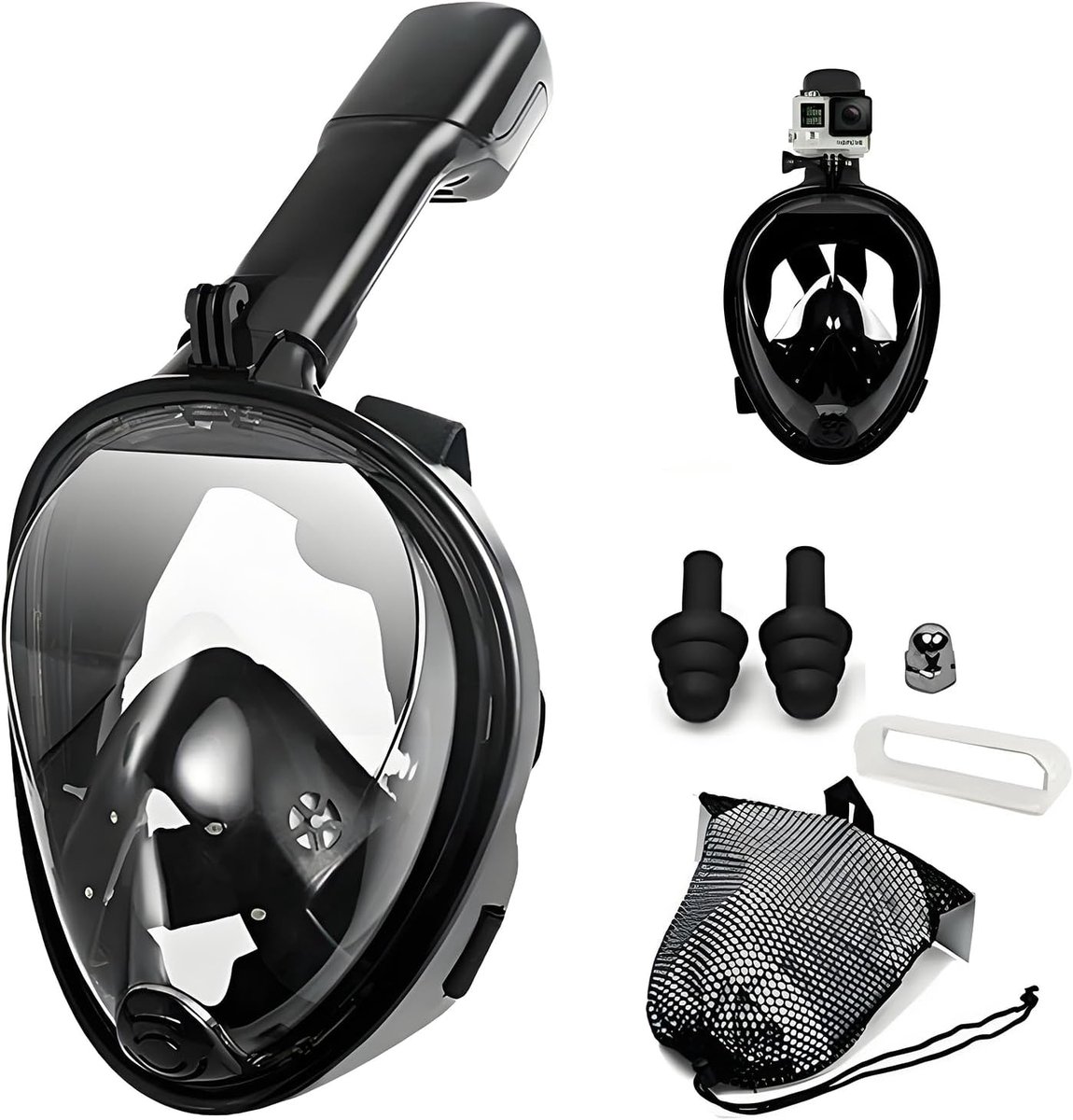 Volledig gezichtsmasker Geschikt voor snorkelen, Geschikt voor beginners, zorgt Geschikt voor vrije ademhaling, 180 graden panoramisch zicht, is anti-condens en lekvrij, waardoor het het perfecte zomercadeau is. (Zwart)