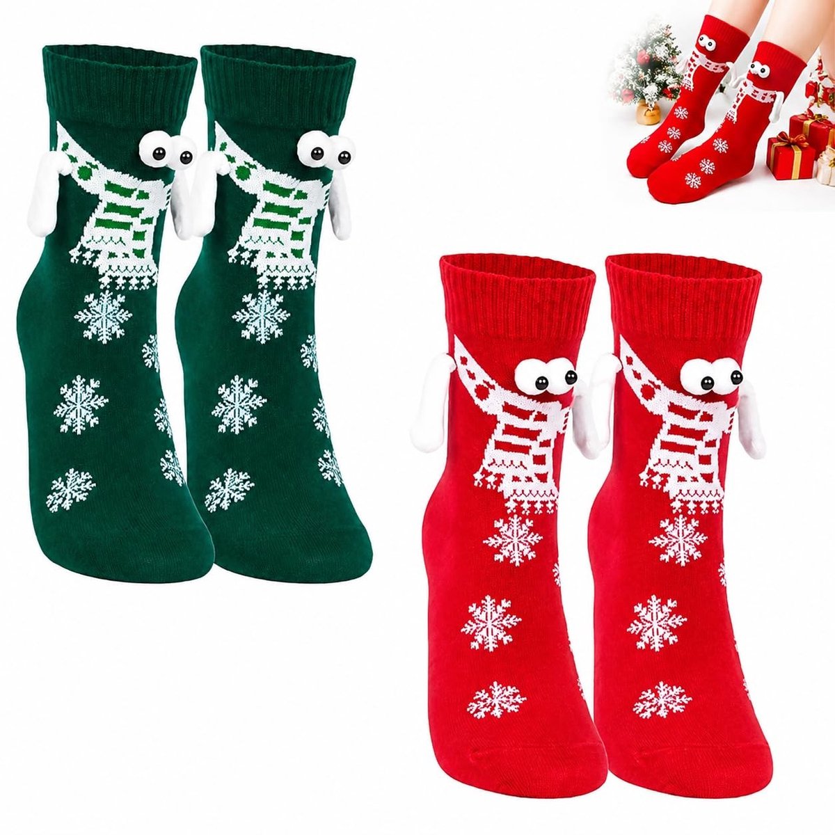 Dailygoods- Kerstkousen Set van 2 - Magnetische Koppeling - Katoenen Sokken - Rood/Groen - Unisex - Feestelijk Ontwerp