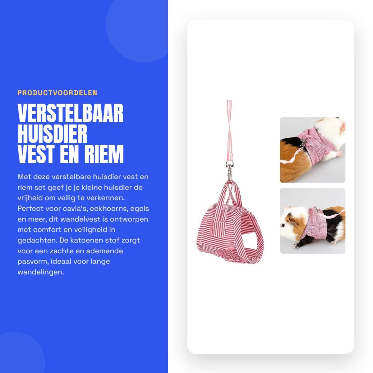 Dailygoods- Huisdier Vest Verstelbaar - Riem Set - Outdoor Wandelvest - Voor Kleine Dieren - Maat L - Geschikt voor Cavia's/Eekhoorns/Egels/Fret/Konijn - Harnas