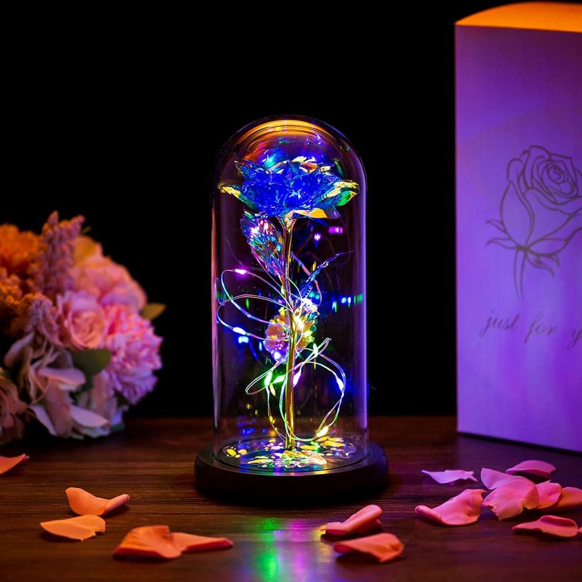 Eeuwige Roos - Kristallen Bloemen - Huis Decoratie - Kleurrijk LED Licht - 22.5 cm Hoog - Blauw