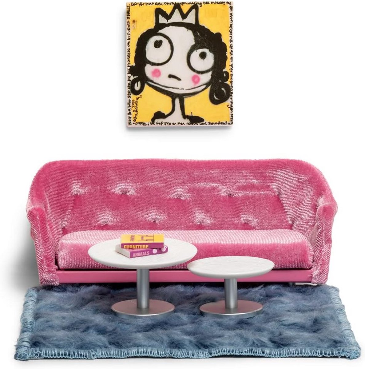 Poppenhuis Meubels - Woonkamer Set - Poppenhuis Inrichten - 7 Delig - Schaal 1:18 - Roze Blauw Wit