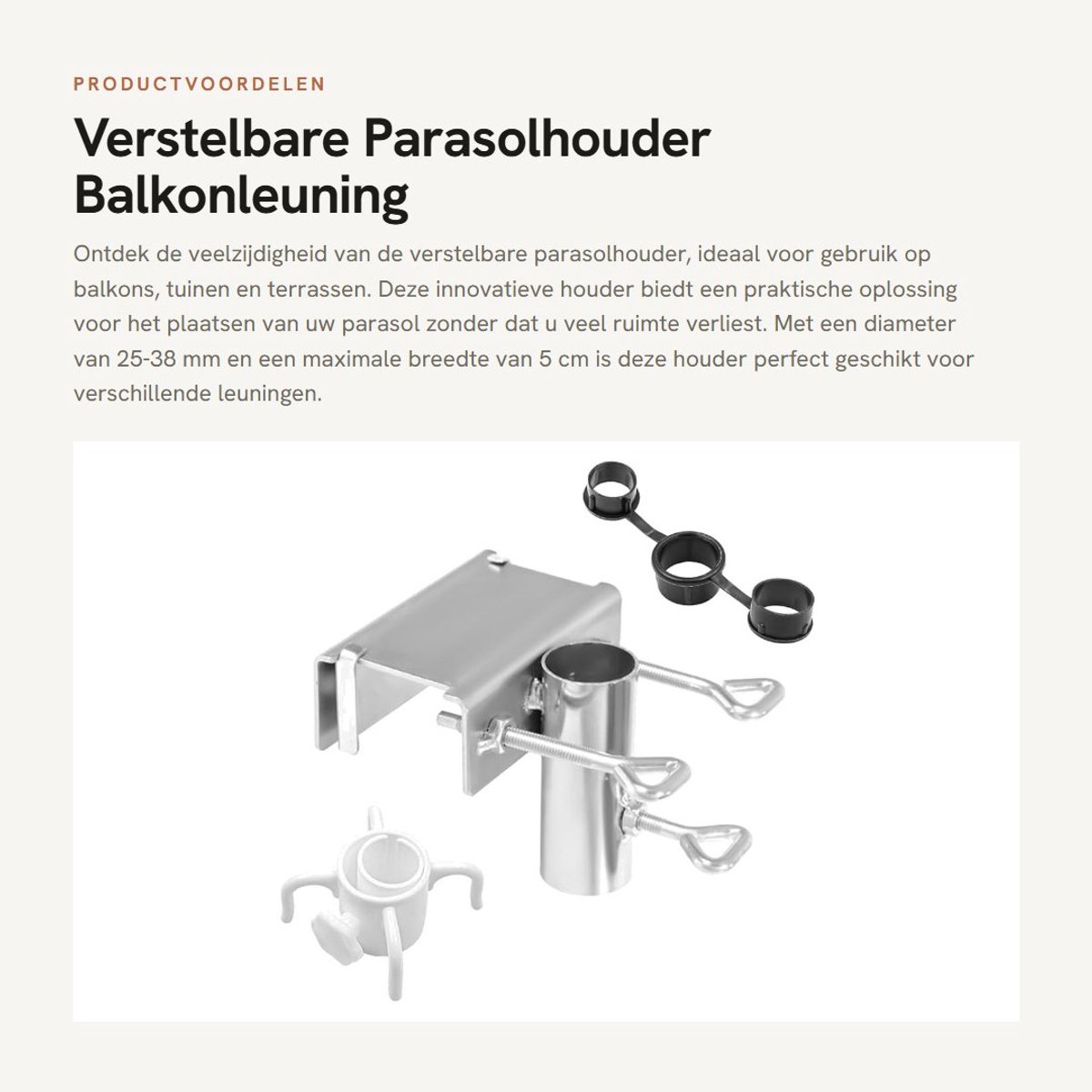 Dailygoods- Parasolhouder Verstelbaar - Balkonhouder - Metalen Beugel - Diameter 25-38 mm - Voor Balkons/Terrassen - Inclusief Adapter Ring - Parasolstandaard