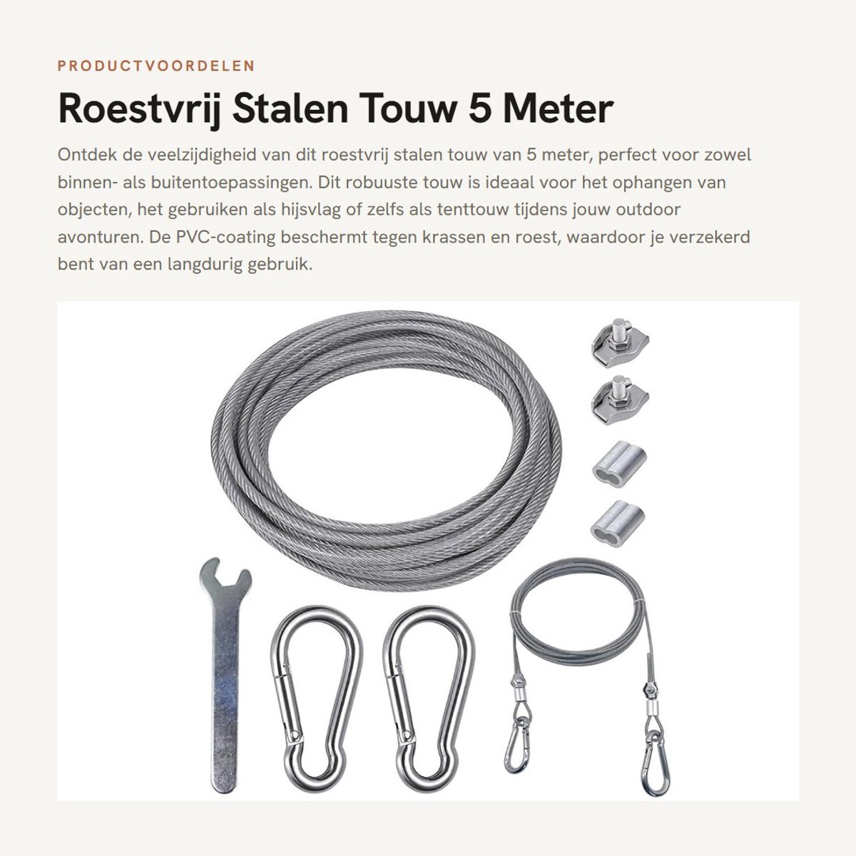 Dailygoods- Roestvrijstalen Kabel 5 Meter - Kabelset - Karabijnhaak M6 - Draadkabelklem M3 - PVC-coating - Flexibel en duurzaam - Staalkabel