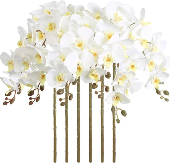 Kunstorchideeën 6 stuks - Nepbloemen zijde - Huis decoreren - Echte look fluweel - 97 cm steel - Wit