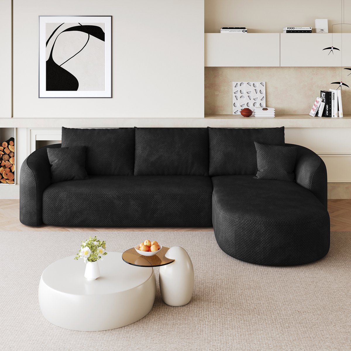 OKWISH Hoekbank 266 cm - Modulair Zonder Montage - Voor Woonkamer Of Slaapkamer - Zachte Stof - Zwart