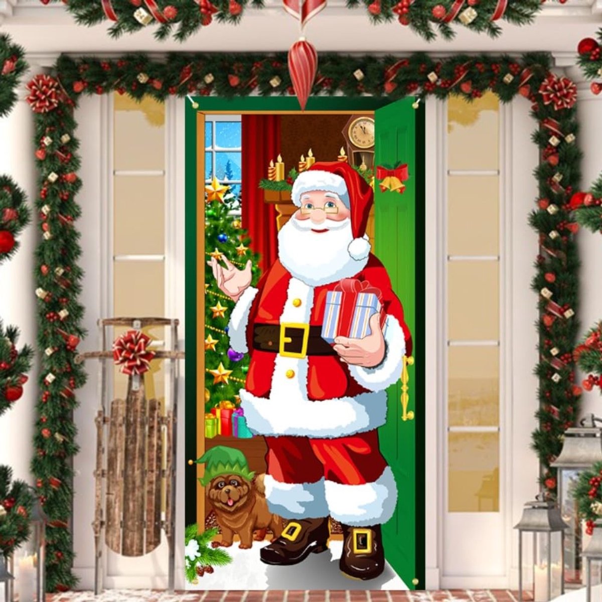 Dailygoods- Kerstdecoratie Deurhoes - Polyesterweefsel - Achtergrond met Kerstman/Sneeuwvlokken - Feestelijke Decoratie - Geschikt voor Toegangsdeur/Muur - Perfect voor Kerstfoto's - Dekoratie