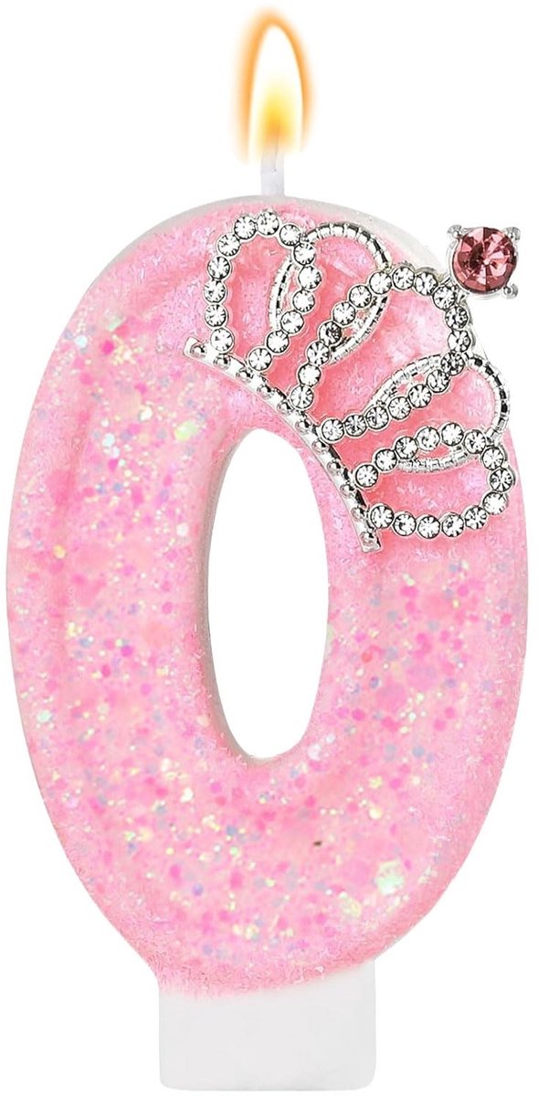 Dailygoods- Verjaardagskaarsen Roze - Cijferkaars 0 - Kroon - Cake/Cupcake-decoraties - Feestdecoratie - Stabiliteit door kandelaar