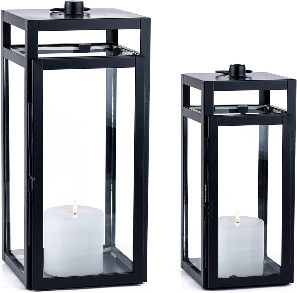 Tuinlantaarn Set - Decoratieve Lantaarns - Sfeerverlichting Buiten - Modern Design - 35 en 30 cm - Zwart