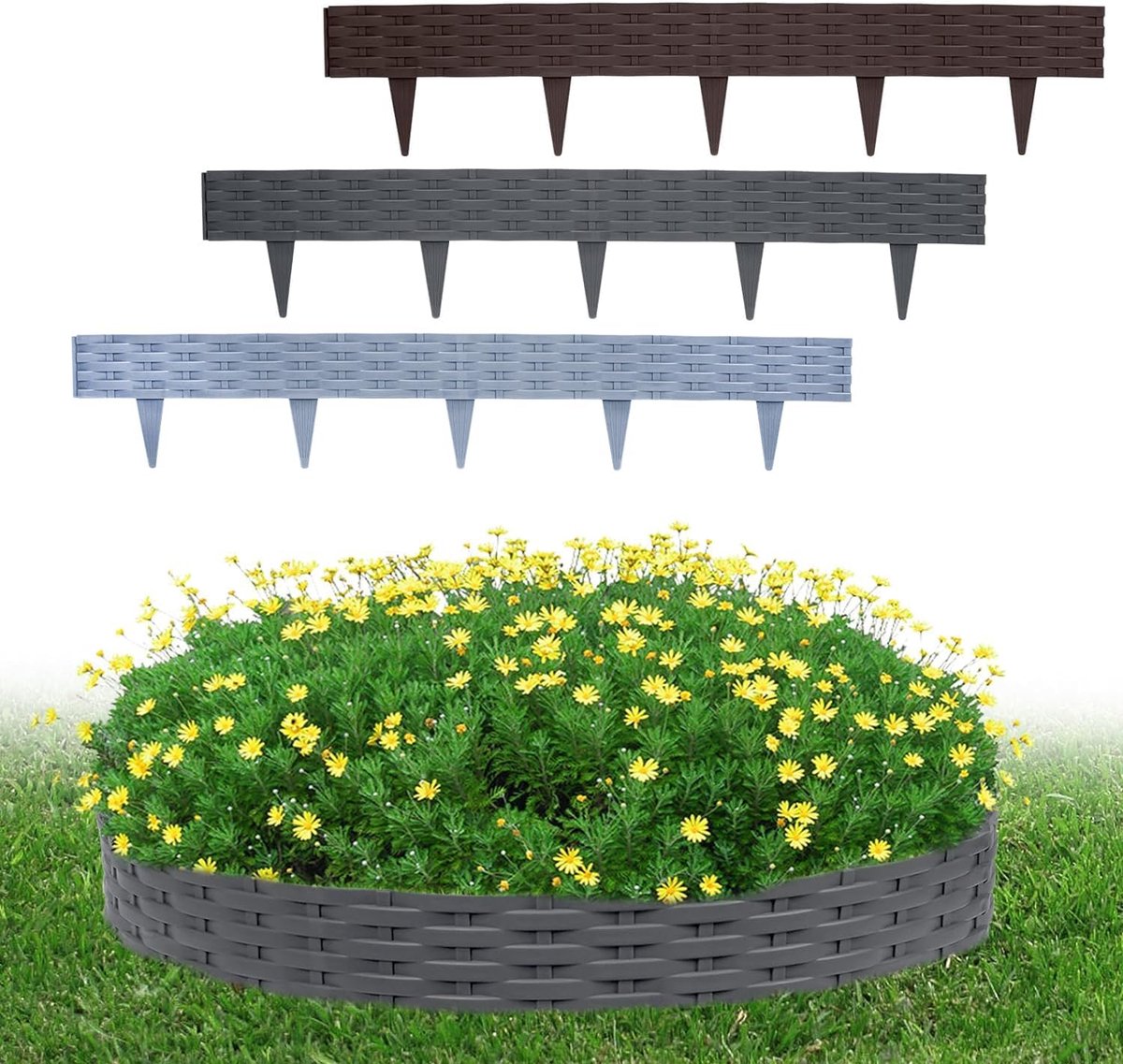 Gazonrand Kunststof - Bloembegrenzing Tuin - Tuin Afscheiden - Flexibele Rotan Look - 5 Meter Set - Grijs