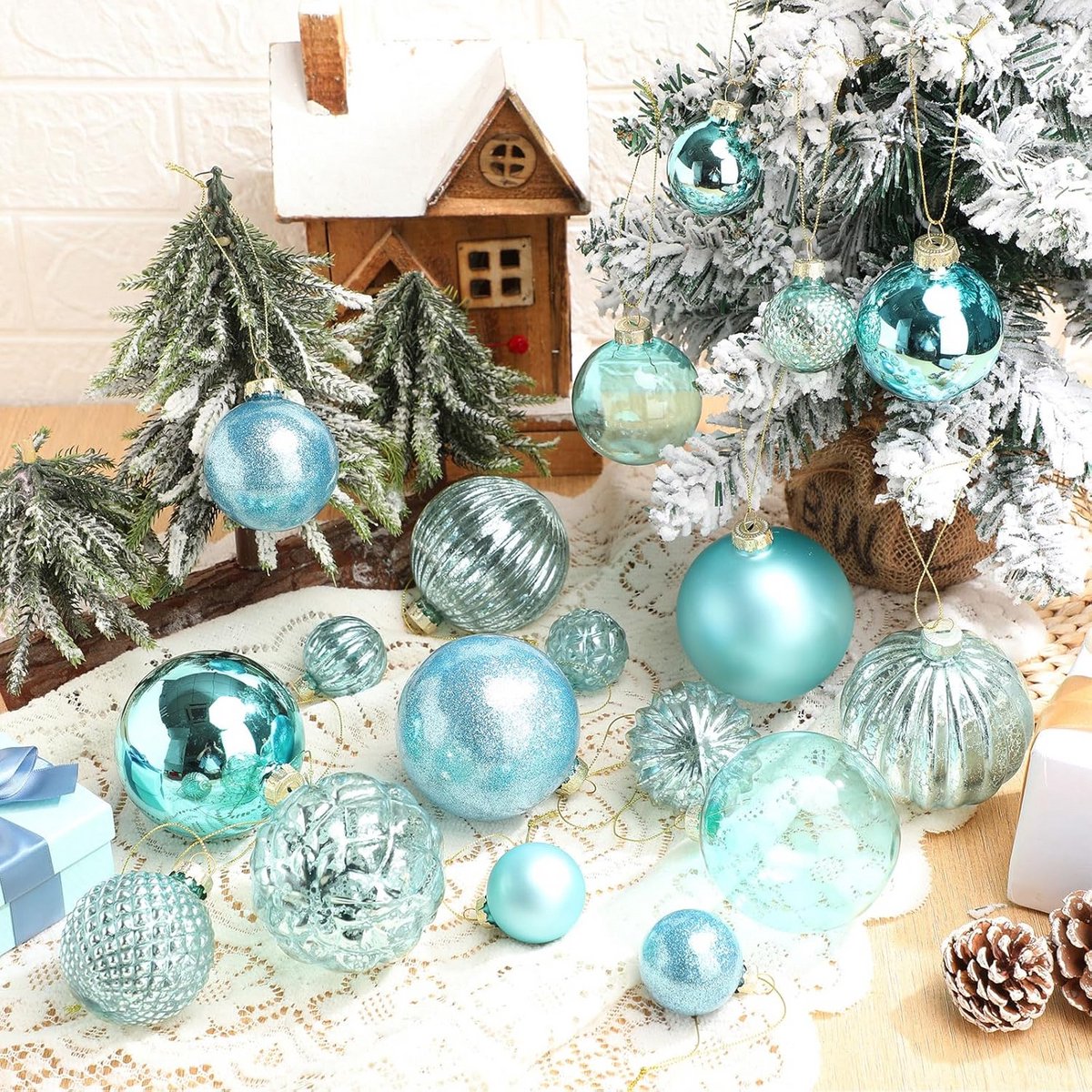 Kerstballen Set - Decoratie Ballen - Kerstboom Versieren - Handgemaakt Glas - 24 Stuks - Blauwgroen – foto 6
