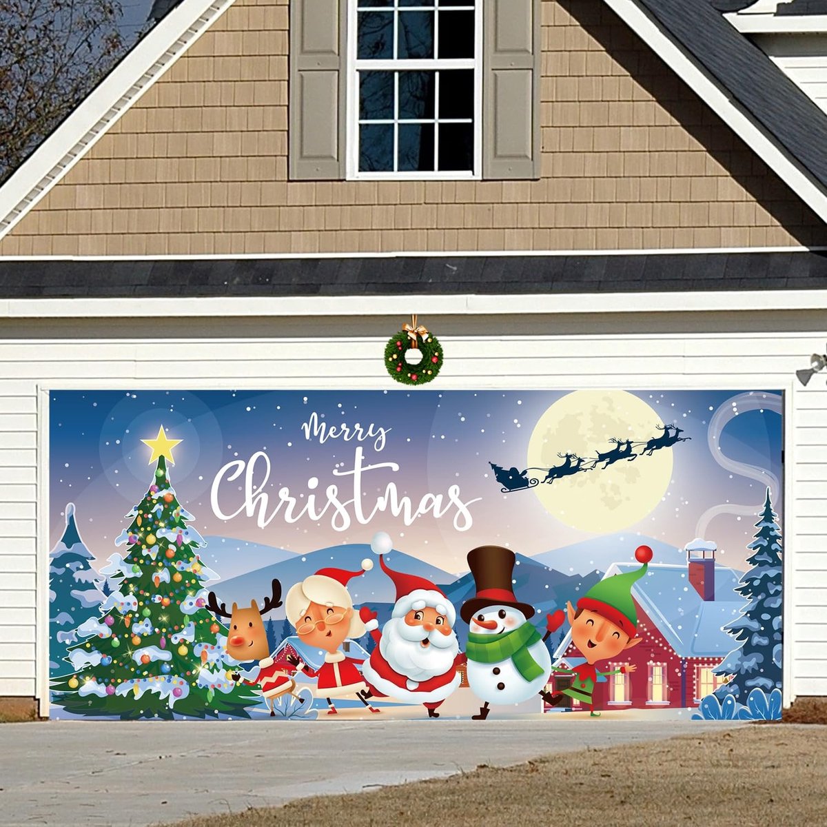 Dailygoods- Garagedeurbanner Groot Formaat 400x180cm - Kerstversiering - Polyester Stof - Koperen Doorvoertules - Touw - Geschikt voor Garage/Terras/Tuin - Kerstbanner