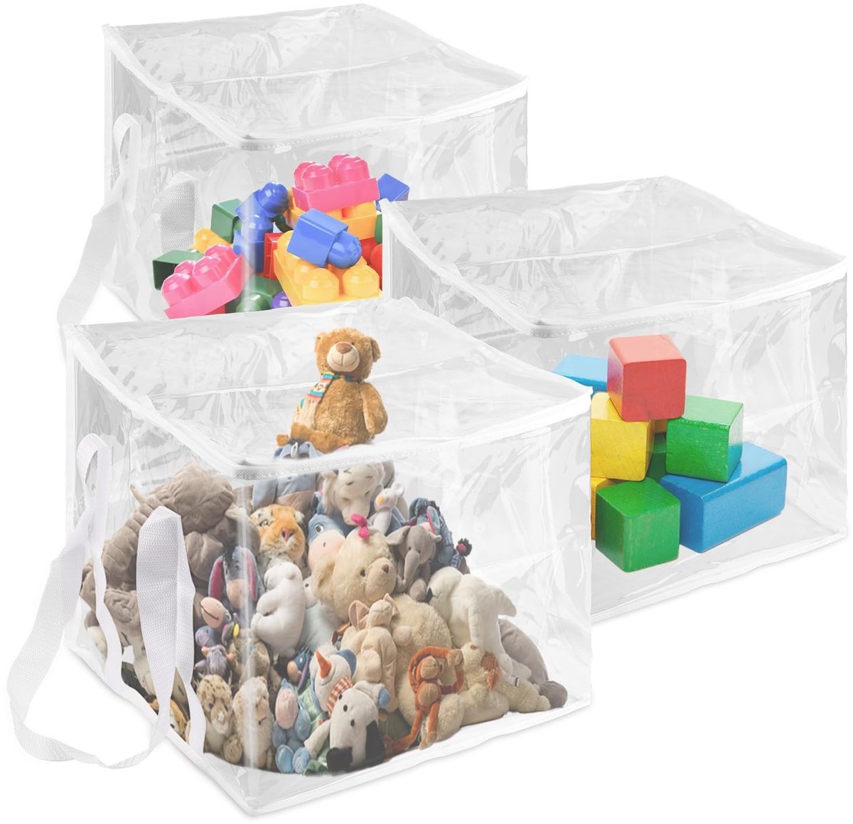 Dailygoods- Opbergzakken Extra Groot - Doorzichtige Opbergzakken - 3 Stuks - Handvat en Rits - PVC - 35x35x35cm - Opbergtassen