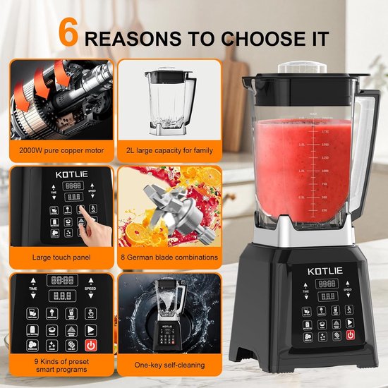 SnelShoppen - Tafel Mixer 2L - Keuken Blender met 7 Functies - Zelfreinigende Functie - Voor Milkshakes, Sappen en Meer - Ideaal voor Gezinnen van Snelshoppen — afbeelding 2
