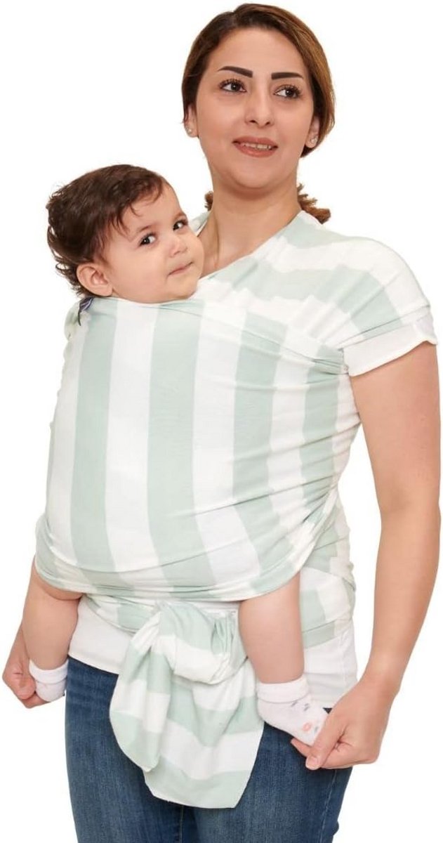 Draagdoek - Baby Sjaal - Baby Dragen - Elastaan Katoen Mix - One Size - Mint Wit Gestreept