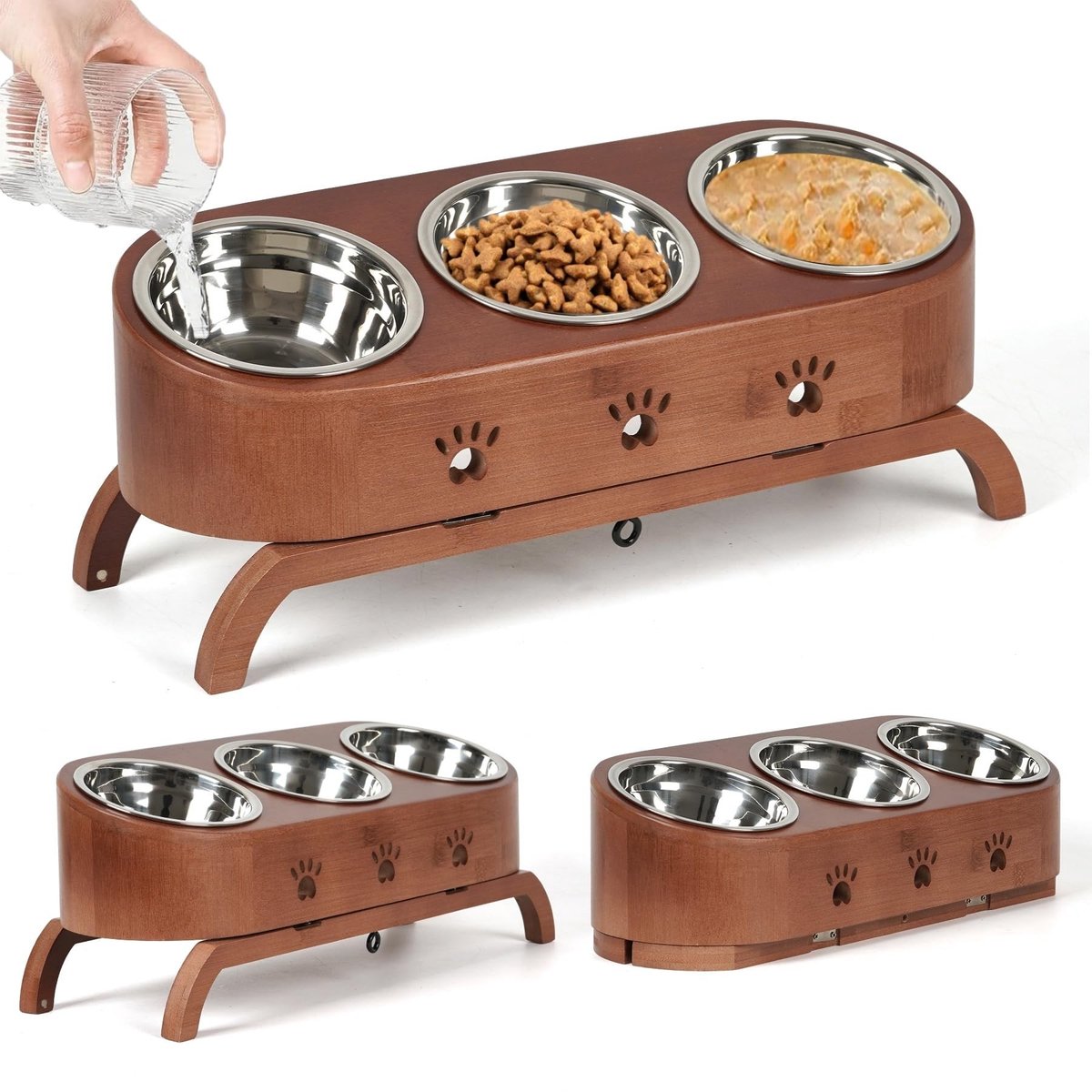 Dailygoods- Kattenbakken Verhoogd - Ergonomische Voerbakken - Hoogte Verstelbaar - Houten Standaard - Roestvrij Stalen Bakken Ø12cm - Gezonde Voedingspositie - Voerbak