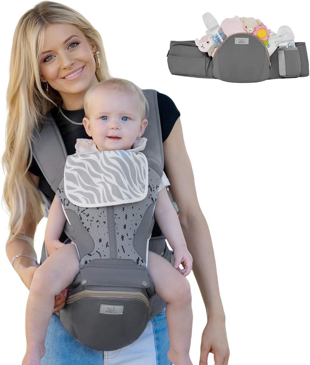 Baby Draagzak - Draagzak met heupzitje - Baby vervoeren - 6-in-1 posities - Tot 22.5 kg - Grijs