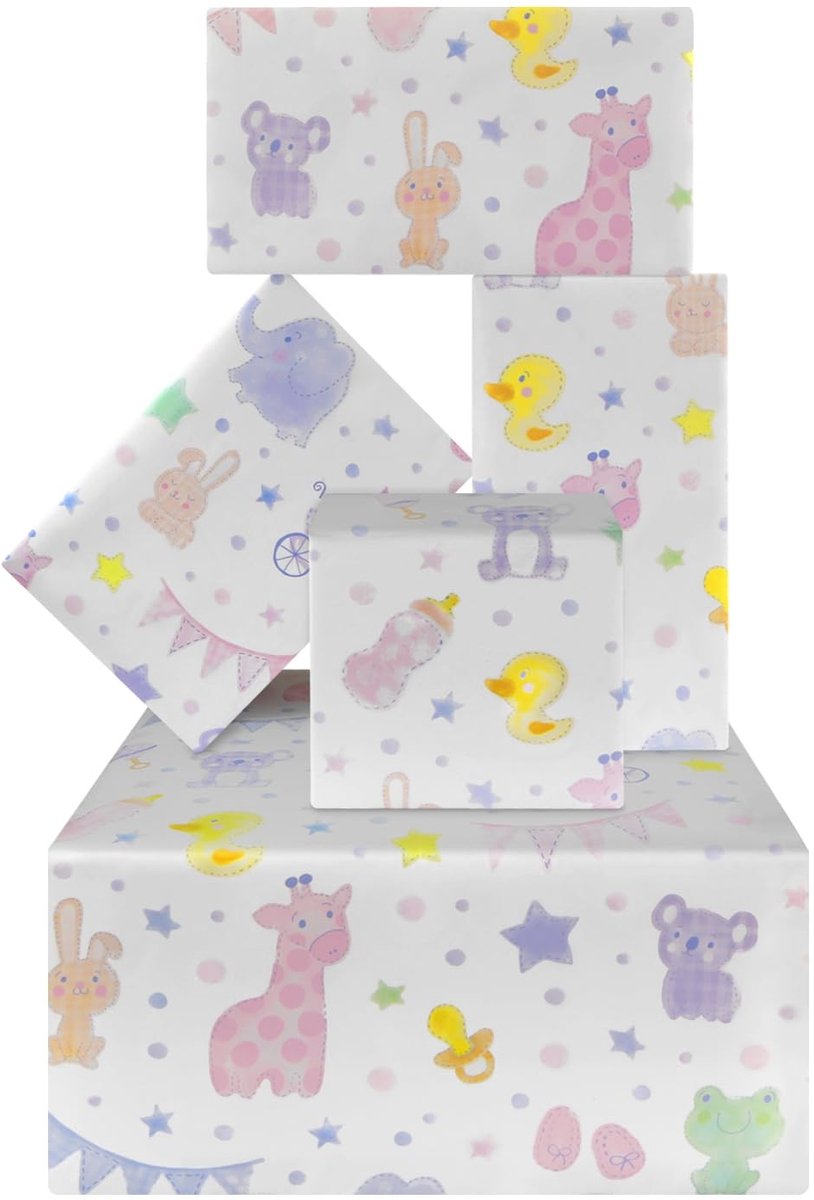 Dailygoods- Verjaardagsinpakpapier schattige cartoon dieren - Cadeaupapier kinderen - Inpakpapier rollen - 4 vellen - 50 x 70 cm - Perfect voor babyshower