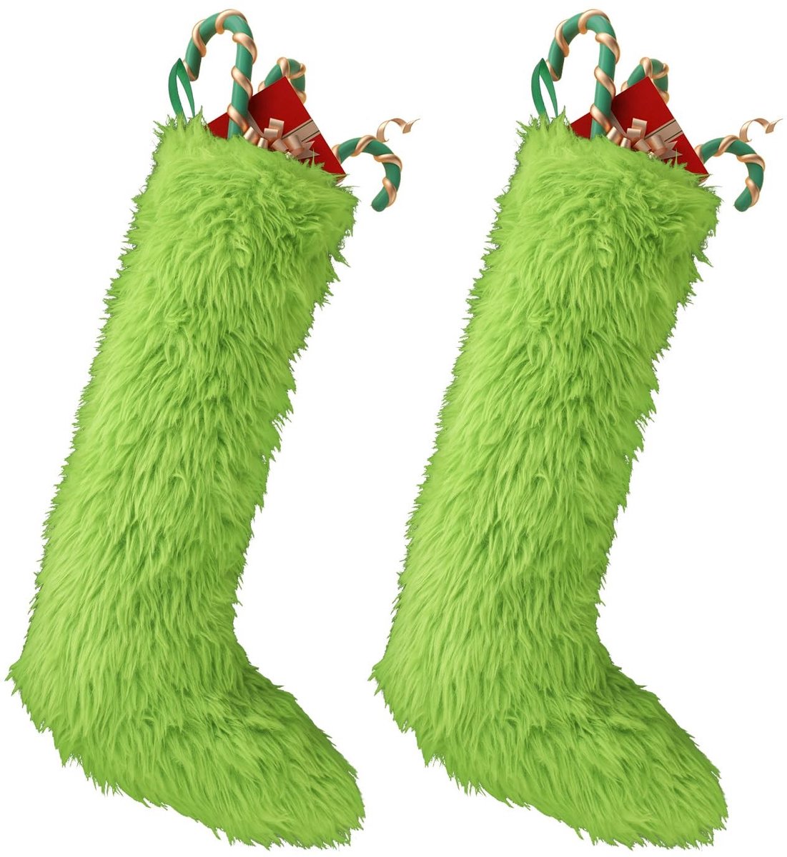 Dailygoods- Kerstsokken 2 Stuks - Groene Pluche - Imitatiebont - Kerstversiering - Sokken met een sokopening van 15 cm - Hoogte 46 cm - Kerstkous