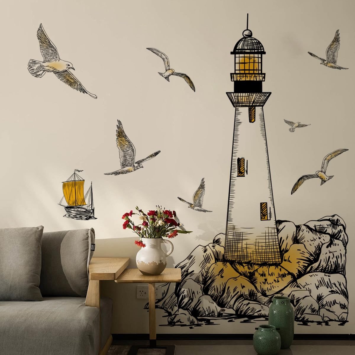 Dailygoods - Vuurtoren Muursticker met Nautische Zeemeeuw - Decoratieve Muurstickers voor Kinderen