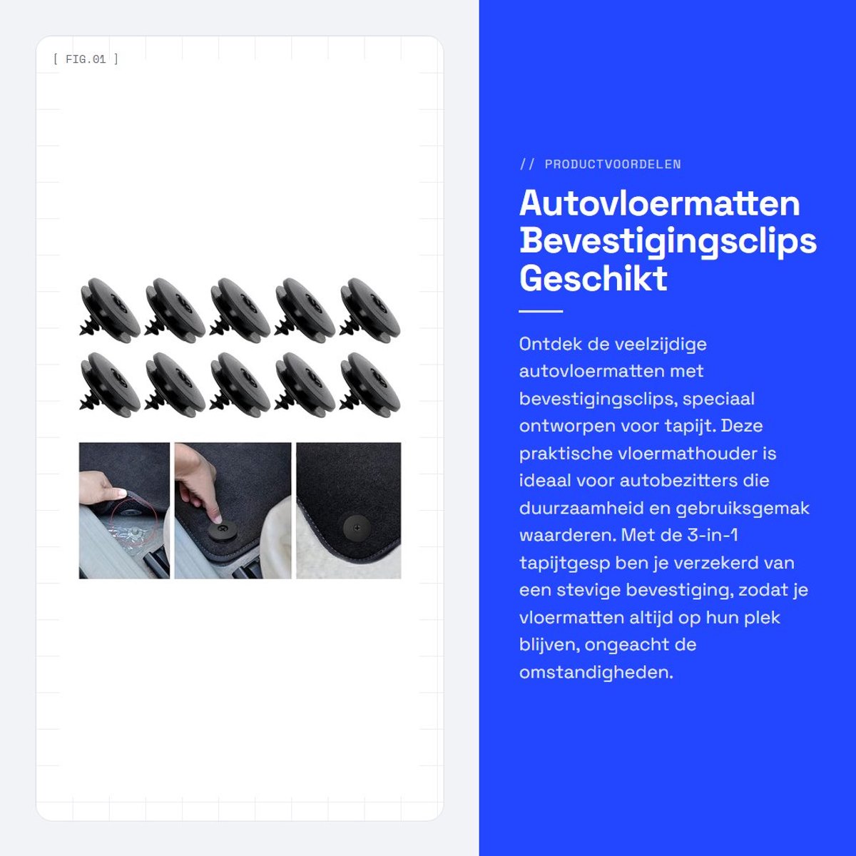 Dailygoods- Autovloermatten - Bevestigingsclips - Vloermathouder - Kunststof - 3-in-1 Tapijtgesp - Geschikt voor Tapijtvoet - Vloermat