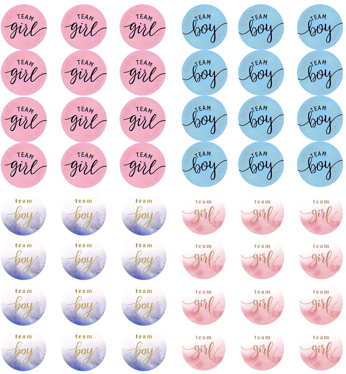 Dailygoods- Geslachtsstickers Set van 48 - Team Jongens/Team Meisjes - Genderonthulling Stickers - Lichtgewicht/Duurzaam - 3 cm Rond - Heldere Kleuren