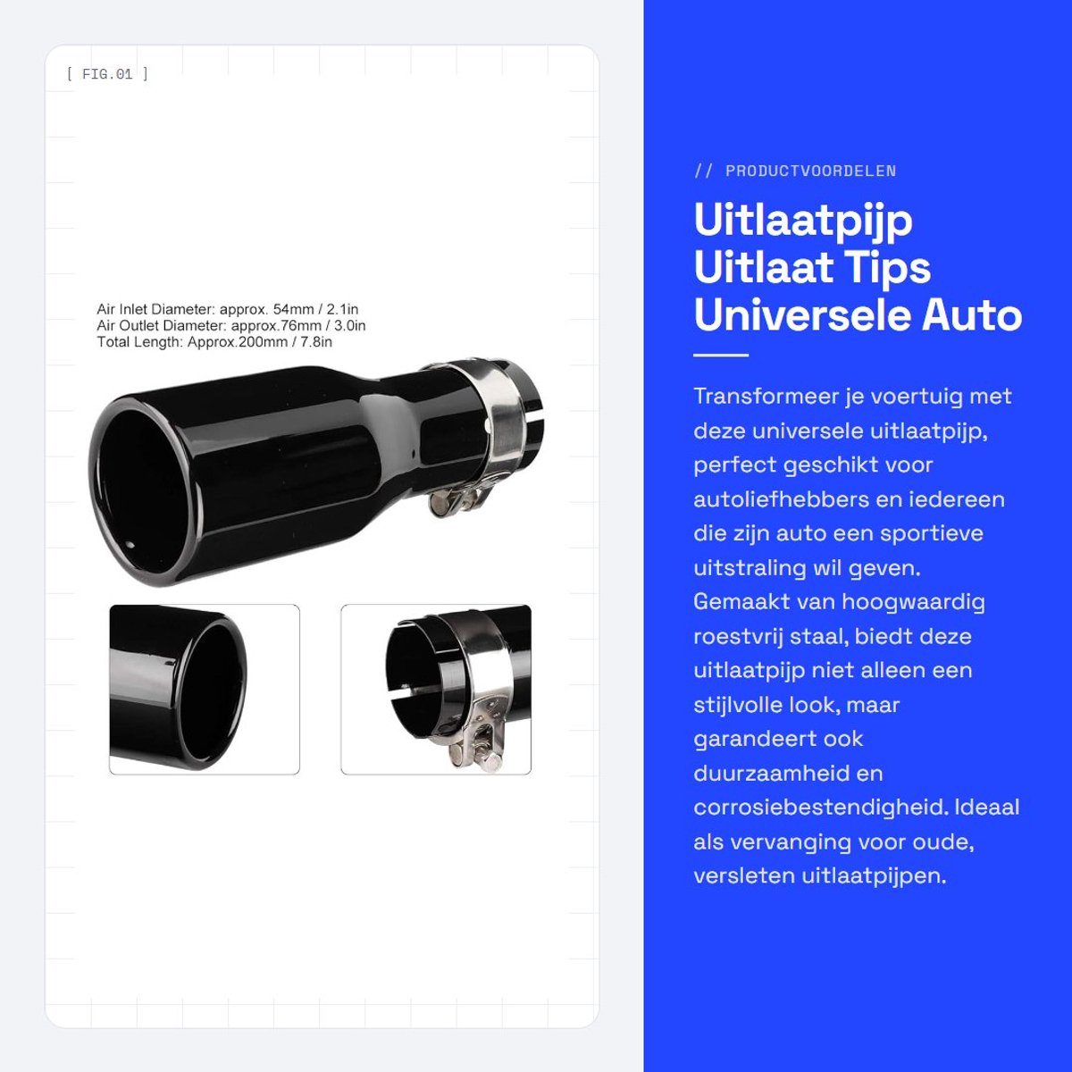 Dailygoods- Uitlaatpijp Universeel - RVS Uitlaatdemper - Uitlaat Tips - Klem 54-76-200mm - Duurzaam - Eenvoudige Installatie