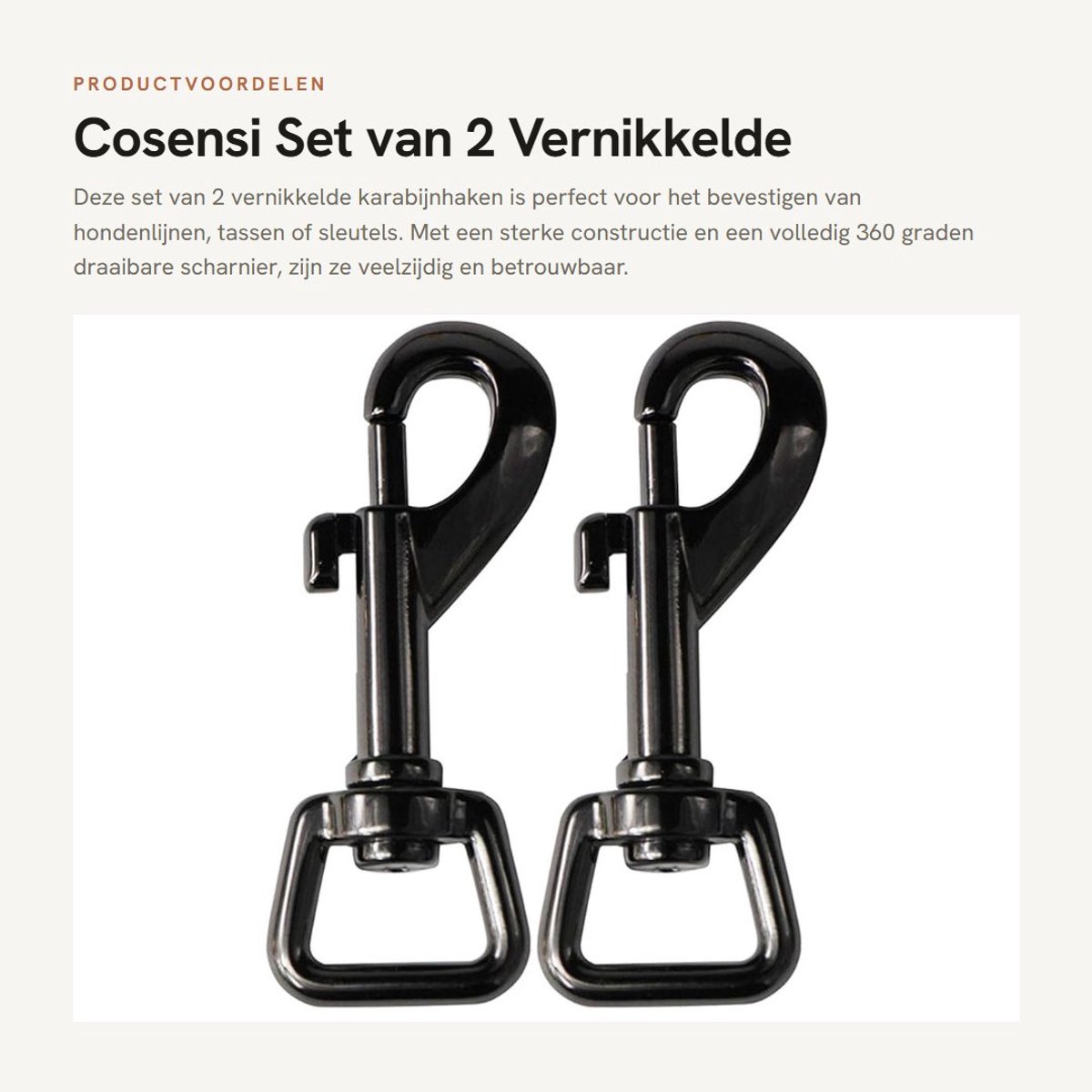 Dailygoods- Karabijnhaak Groot - Set van 2 - Draaiknop - Vernikkeld Zwart - Gelegeerd Staal - 360 Graden Draaischarnier - Haak