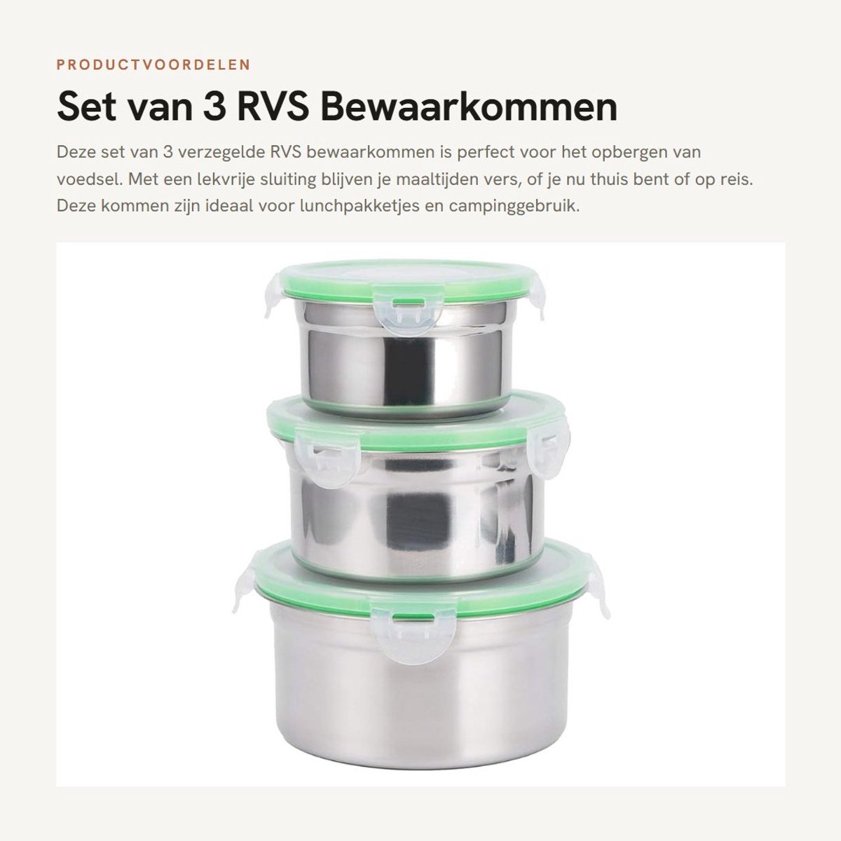 Dailygoods- Voedselcontainer 3 Stuks - RVS - Lekvrij - Koelkast Bewaar Kom - Lunch Box - Camping Reis - Diameter 15/13/11 cm - Lunchbox