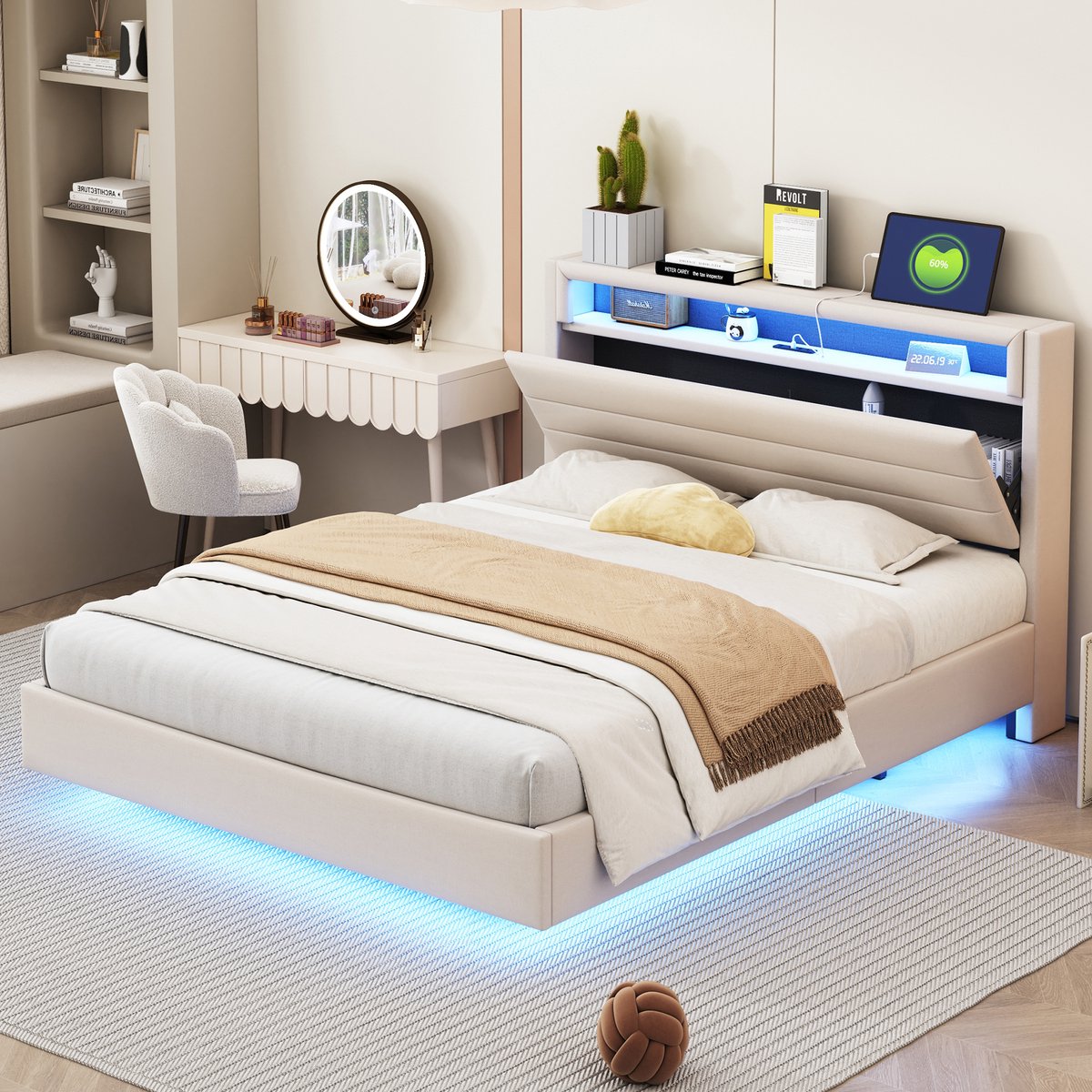 DESMIU Gestoffeerd Bed 140x200cm – Ledverlichting En Usb-Oplaadpoort – Opklapbaar Hoofdbord Met Opbergruimte – Voor Slaapkamer – Linnen – Beige Zonder Matras