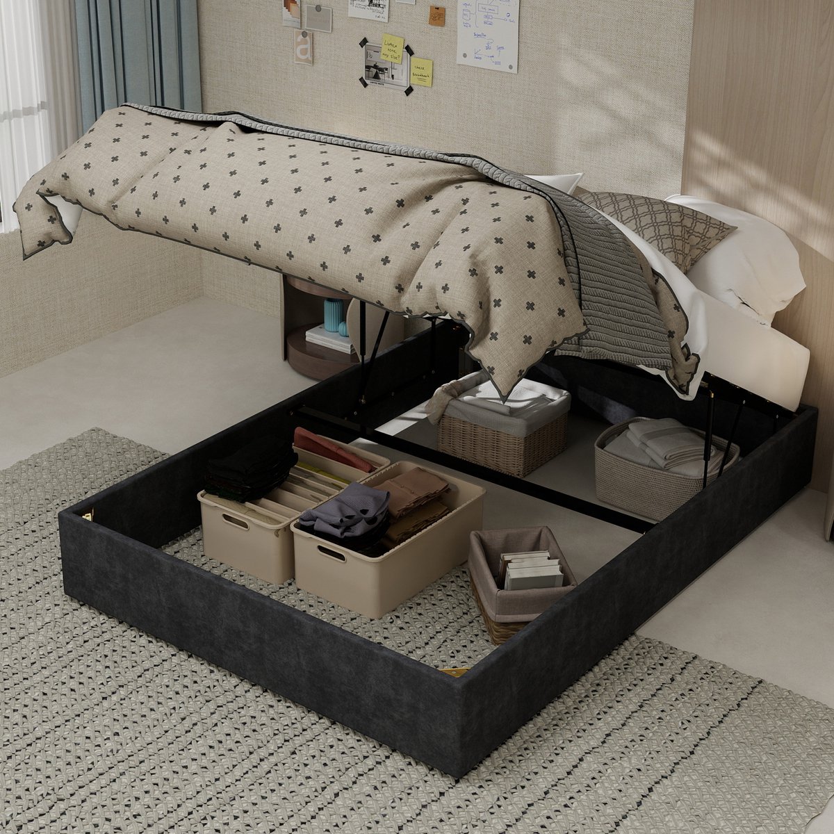 DESMIU Gestoffeerd Bed 140x200cm Zonder Matras Met Geometrisch Hoofdbord En Spijkerdetails Voor Slaapkamer Hollandse Stof En Metaal Grijs