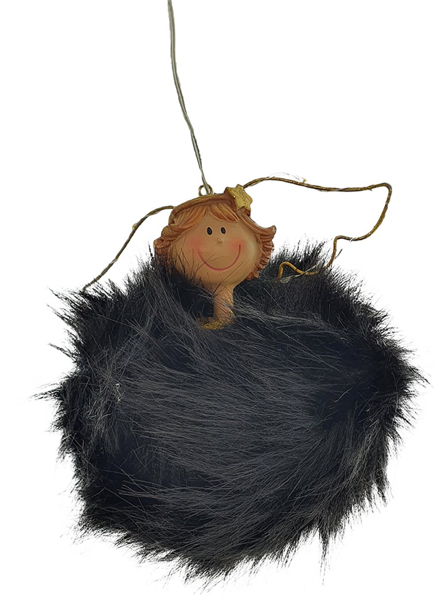 Viv! Christmas Kerstornament - Pluche engel incl. led verlichting - zwart - 20cm