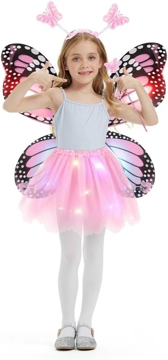 Betoverend Feestkostuum voor Meisjes, 4-delige Set met Vlinder Vleugels, Tutu, Toverstaf en Hoofdband voor Halloween, Carnaval en Verkleedpartijen