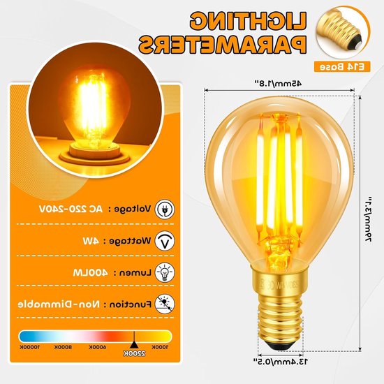 Set van 2 E14 LED Vintage Lampen, 4W Filamentverlichting, Vervangt 40W Gloeilamp, Warm Wit 2200K, Amber Glas, 400LM, Golfbal P45/G45, Niet Dimbaar, Nostalgische Decoratie voor Thuis, Café en Bar — afbeelding 5