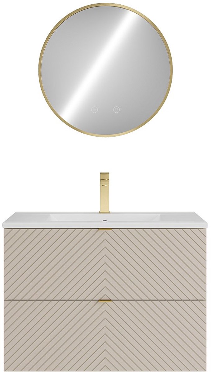 Vente-unique Zwevend badkamermeubel met inbouwwastafel, kraan en spiegel - Beige - 80 cm - DORIONI