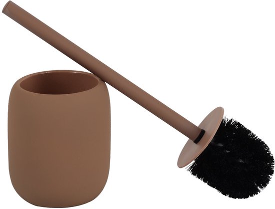 Bruine toiletborstel met zwarte borstelharen, naast een ronde beker.