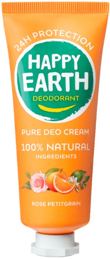 Oranje Happy Earth deodorant crème tube met illustratie van roos en sinaasappel. "Rose Petitgrain".